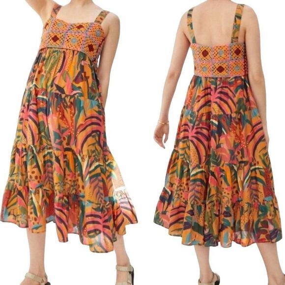 Farm Rio Anthropologie Dress Crochet Tiered Ruffle Midi Colorful Tiger Tropic L - Picture 1 of 16